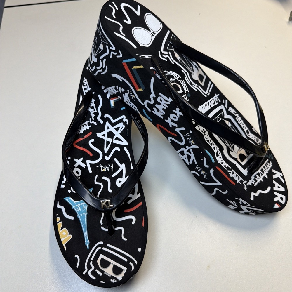 Karl Lagerfeld Women's Nola Graffiti Black Dressy Wedge Flip Flop Sz 9 New